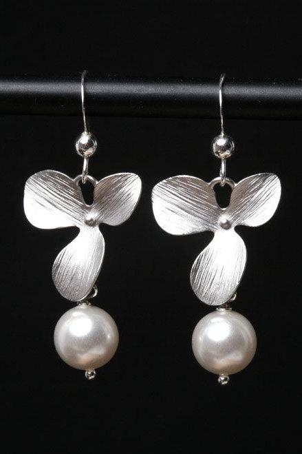 Orchid Flower And Pearl Earrings,sterling Silver Earrings, Wedding Jewelry Birthday Bridesmaid Gifts,birthday Gift, Mothers