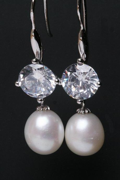 Bridal Earrings Cubic Zirconia Ear Wires,pearl Earrings,bridesmaid Earrings,dangle Earrings,wedding Jewelry