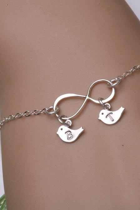 Infinity bird Bracelet, TWO Initials letter Bracelet, Personalized Infinity jewelry, Monogram Bracelet, Couple Monogram Jewelry