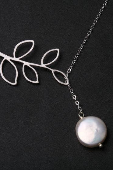 Silver Leaf Twig Branch coin pearl on Sterling Silver necklace,wedding jewelry, bridal jewelry, bridesmaids gift, fall wedding, birthday