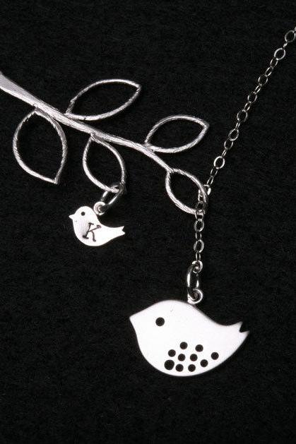 Bird initial,Bird Necklace,One baby,Grandmother,Mother Jewelry,Initial necklace,Mother's day,Family Bird,Lariat Sterling Silver Necklace