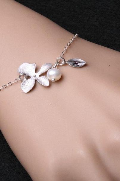 Orchid flower and leaf initial sterling silver bracelet,Flower jewelry,Flower girl,Bridesmaid gifts,Wire wrapped pearl,Adjustable bracelet