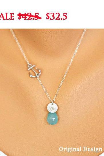 On SALE-Anchor Necklace,sideways Anchor,Personalized initial & stone,Sailors Anchor,Wedding Jewelry,Bridesmaid gifts,daily Jewelry,strength