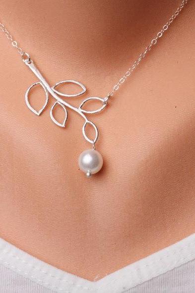 Leaf Necklace,Branch and Swarovski Pearl on sterling silver necklace,Branch,Wedding Jewelry,Bridesmaid Gifts,