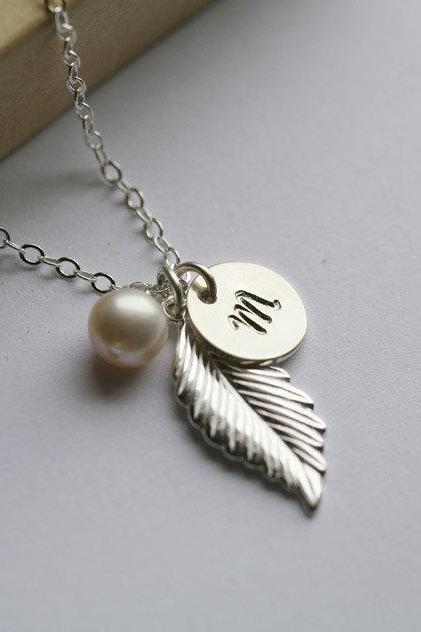 Monogram Necklace,Sterling silver Feather Necklace,Personalized initial,Bridal Wedding Jewelry,Fall Autumn Wedding,Bridesmaid
