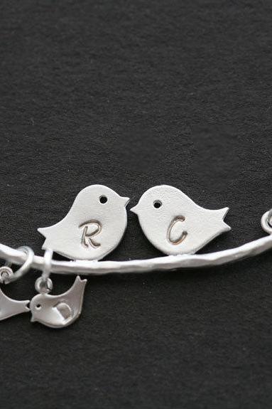 Kissing bird on the tree,Bird Necklace,Grandmother,Mother Jewelry,Initial necklace,Mother's day,Family Bird,Lariat Sterling Silver Necklace