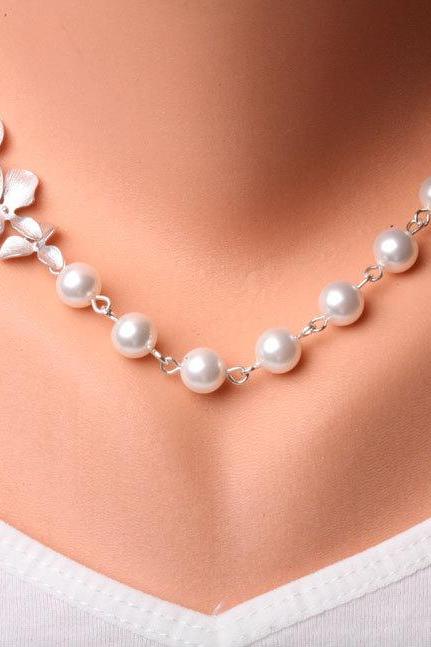 Triple Orchid Flowers And Pearls Sterling Silver Necklace, Bridesmaid Gift, Bridal Jewelry, Wedding Jewelry