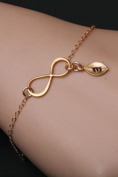 Gold Infinity Initial Bracelet,14k Gold Filled,leaf Initial,couple,infinity Bracelet,anniversary,sisterhood,customize Birthstone,wedding