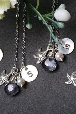 Set Of 6,starfish Necklace,gold Fill Necklace,custom Initial &amp;amp;amp; Birthstone,wire Wrapped Pearl,beach Theme