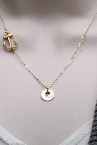 ON SALE-Gold Anchor Necklace,sideways Anchor,Personalized initial,Sailors Anchor,Wedding Jewelry,Bridesmaid gifts,daily Jewelry,strength
