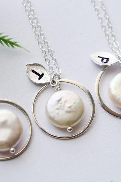 Set of 5,Eternity circle necklace,Coin Pearl, Leaf Initial, Bridesmaid gifts,wedding jewelry,Halo necklace,