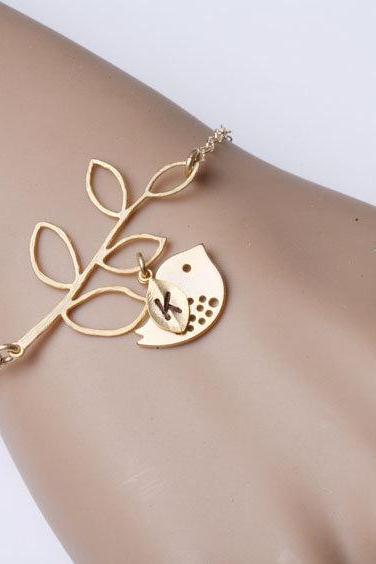 Leaf branch and bird bracelet,leaf bracelet,Gold Bird bracelet,Birthday,simple daily Jewelry,flower girl,birthday,Mom and baby