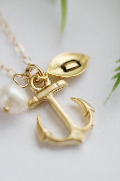 ON SALE-Gold Anchor Necklace,Anchor with leaf initial,Pearl,Sailors Anchor,Wedding Jewelry,Bridesmaid gifts,daily Jewelry,strength,