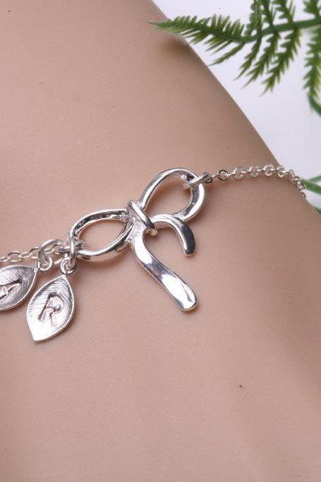 Bow initial bracelet,leaf Initial bracelet,Monogram bracelet,Personalized,Knot bracelet,Couple,Bridal Wedding Jewelry,Tie a knot