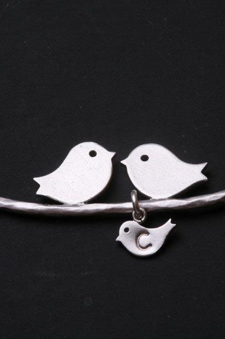 One baby bird,bird Initial personalized necklace,Bird on the branch,bird initial,Mother jewelry,Baby bird bracelet,Mom and baby