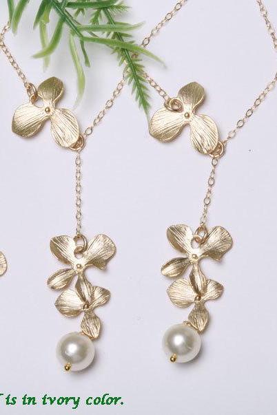 Set of 4,Bridesmaid Gifts,Wedding jewelry,Orchid flower lariat necklace,flower jewelry,Flower girl,Sterling silver,Adjustable