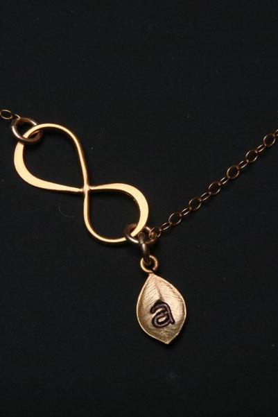 Gold Infinity necklace with leaf initial charm,leaf necklace,couple,anniversary,sisterhood,friendship,best friend