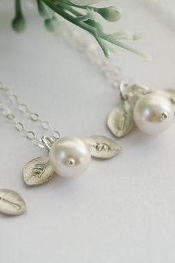 Set Of 6,leaf Necklace,wire Wrapped Pearl,two Initials,sterling Silver Necklaces,bridesmaid Gift,wedding Bridal Jewelry