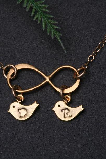 Gold Infinity necklace with bird initial charm,bird necklace,mother jewelry,couple,twins,friendship,best friend