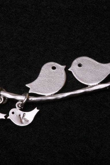 Three Baby Birds,bird Initial Personalized Bracelet,bird On The Branch,bird Initial,mother Jewelry,baby Bird Bracelet,mom And Baby