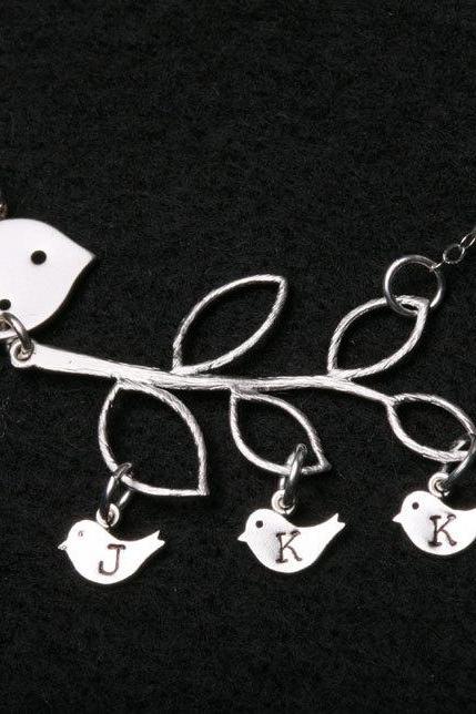 Bird initial,Bird Necklace,Grandmother,Mother Jewelry,Three initial charms,Mother's day,Family Bird,Lariat Sterling Silver Necklace