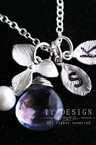 Two leaf initials sterling silver necklace,Orchid flower,Pearl,custom initial & birthstone,flower girl,bridesmaid gifts,wedding favor