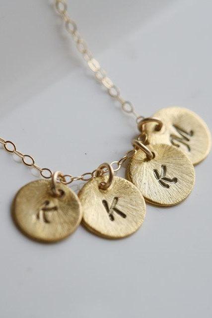 Textured disc,Personalized initial,Monogram necklace,Four initials,Tiny Initial Letter charm,Family,Bridesmaids Jewelry
