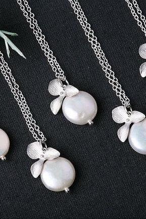 Set of 4,FreshWater Coin Pearl and Orchid Flower Sterling Silver Necklace,flower girl,Bridesmaid gifts,Wedding jewelry,Bridal