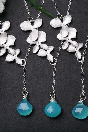 Set Of 4,orchid Flower Sterling Silver Necklace,aqua Chalcedony,flower Necklace,wedding Jewelry,bridesmaid Gifts,flower Girl,birthday Gift
