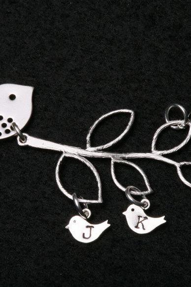 Bird Initial,bird Necklace,bird On The Branch,mother Jewelry,initial Necklace,mother&amp;amp;#039;s Day,family Bird,lariat Sterling Silver