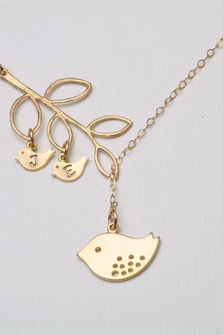 Gold Bird initial,Bird Necklace,Mom and baby,Mother Jewelry,Initial necklace,Mother's day,Family Bird,Lariat Sterling Silver Necklace