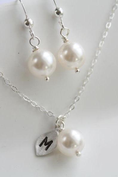 Bridesmaid jewelry SET, Initial Leaf Necklace,wire wrapped pearl Pearl STERLING silver Earrings, Wedding Jewelry, Flower girl Gifts