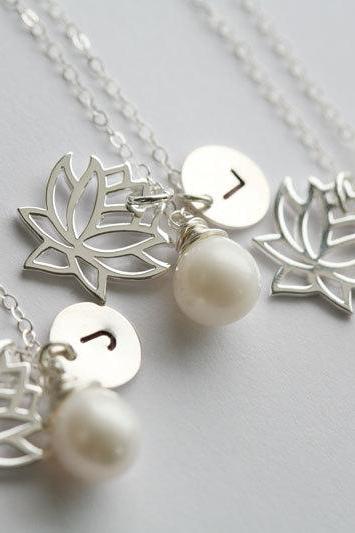Set of 4,Lotus necklace,Customize initial sterling silver necklace,wire wrapped pearl,wedding jewelry,bridesmaid gifts,birthday,flower girl
