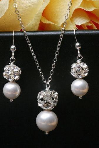 Bridesmaid Jewelry set,Crystal Rhinestone and pearl Sterling Silver Necklace and earrings,Wedding Jewelry