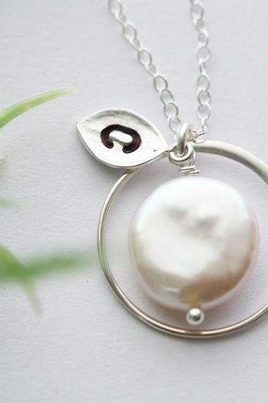 Eternity circle necklace,Coin Pearl, Leaf Initial, Bridesmaid gifts,wedding jewelry,Halo necklace,Everyday jewelry