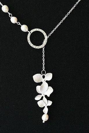 Orchid Flower Sterling Silver Necklace,Wire wrapped pearl,Hammered Circle Eternity,Wedding jewelry,Bridesmaids necklace