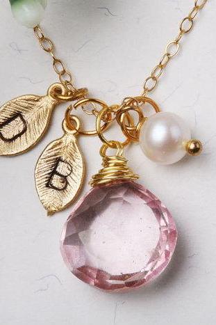 Two initial leaf charm,Bridesmaid Gifts,Custom birthstone and initial,Leaf initial,Leaf necklace,Bridesmaid necklace,Gold leaf