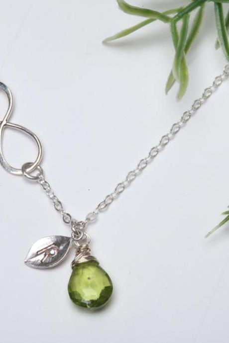 Infinity necklace with initial charm,Sideways,Custom stone,Leaf necklace,Friendship,Personalized initial,Everyday