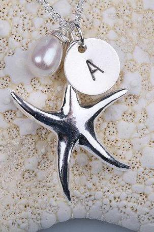 Starfish necklace,Custom Initial,wire wrapped Pearl,bridesmaid gifts,wedding jewelry,bridal jewelry gift,beach Wedding
