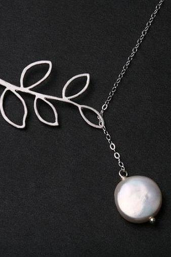 Leaf Necklace,Branch and coin Pearl on sterling silver necklace,Everyday Jewelry,Bridal jewelry gift,birthday