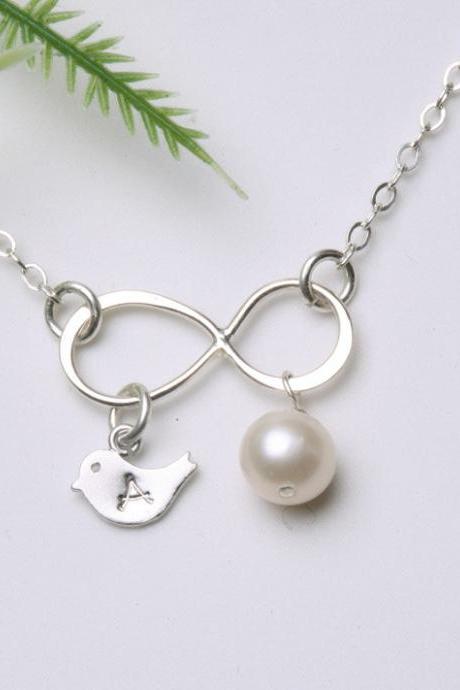 Silver Infinity Necklace With Bird Initial Charm,bird Necklace,custom Stone,mother Jewelry,couple,twins,friendship,best Friend