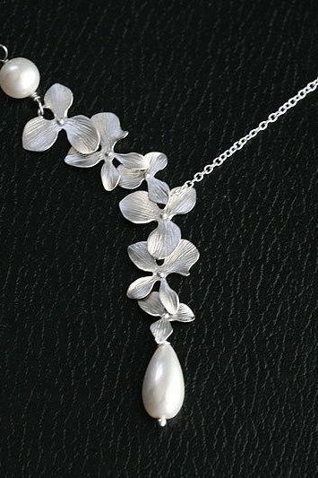 Orchid flower,Pearl,sterling silver necklace,bridesmaid gifts,Wedding jewelry,flower girl,anniversary,flower necklace