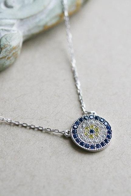 Evil Eye Necklace In Sterling Silver,cubic Zirconia,sapphire Blue,blessed Necklace,evil Eye Jewelry,everyday Jewelry,round Evil Eye