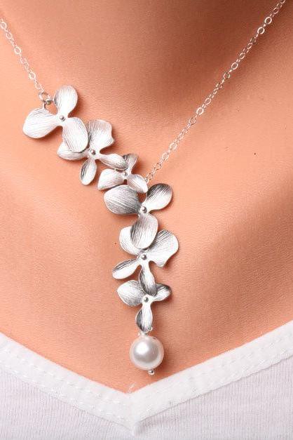 Orchid Flower And Pearl On Sterling Silver Necklace,flower Jewelry,flower Girl,bridesmaid Gifts,wedding Jewelry