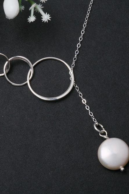Sterling silver Trio Circle Eternity Rings Necklace with Freshwater coin pearl, Lariat,Bridesmaid gifts, anniversary,birthday