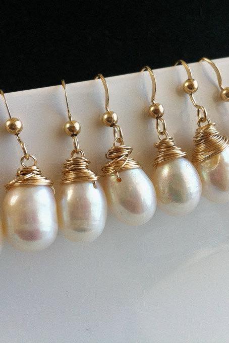 Set of 7,Wire Wrapped Pearl earrings,everyday jewelry,Mothers gift,birthday gift, anniversary,bridesmaid gifts,14k gold filled