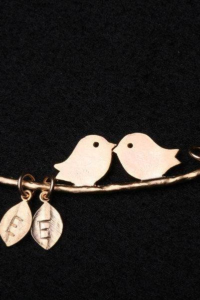 Custom Two Initial Leaf Necklace,bird On The Branch,kissing Love Birds,custom,couple,birthday,anniversary