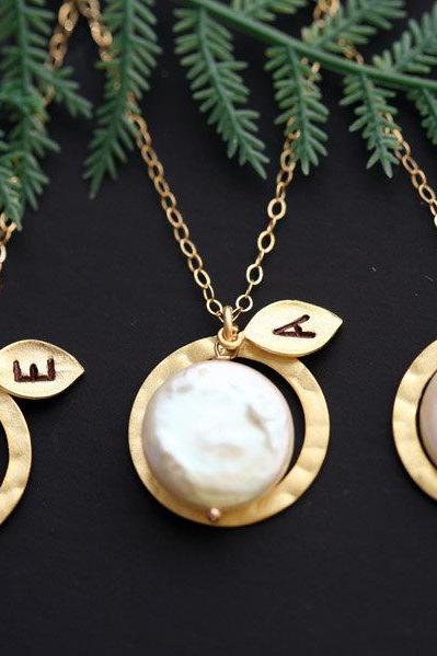 Set of three,Gold Filled Circle,Coin Pearl, Leaf Initial Necklace, Wedding Jewelry, Bridal jewelry set,bridesmaid jewelry