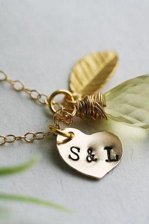 Gold Leaf Necklace,Initial necklace,Heart initia,Custom initial birthstone,Fall Wedding,Bridesmaid gifts,Wedding,Birthday, Everyday jewelry