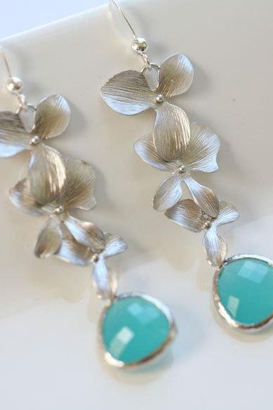 Aqua Blue Sterling Silver Earrings,stone In Bezel,orchid Flower Earrings,flower Jewelry,bridesmaid Gifts,wedding Jewelry,bridesmaid Earring